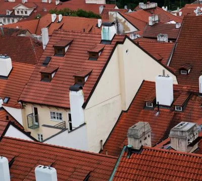 Top view on tile red roofs, Prague Fotos Stock