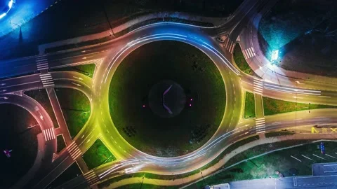 Top View TimeLapse Of Car Traffic Transportation At Roundabout at night Stock Footage 167860725