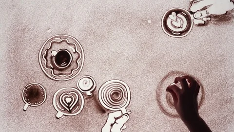 Top view timelapse sand art animation of different coffe types Stock Footage 125482156