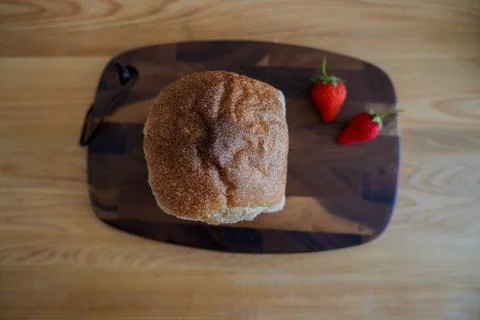 Top view of toast with strawberry yeast liquid, Wooden cutting board, Stock Photos