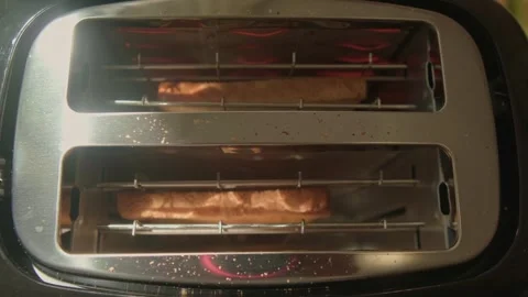Top view of toaster with bread slices inside preparing toasts that will pop up Stock Footage 311864335