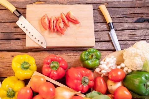 Top view tomato slice on the cutting board Stock Photos
