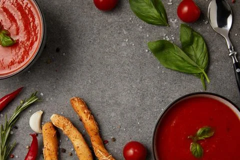 Top view tomato soup bread Stock Photos