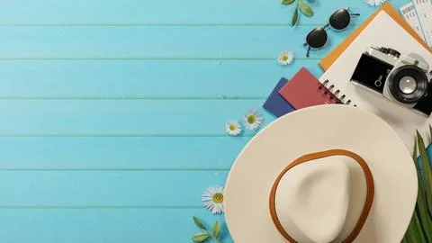 Top view of tourist hat, camera on notebook and sunglasses with flower deco.. Stock Illustration