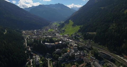 Top view of a town in an Alpine valley in summer. Stock Footage 104708565