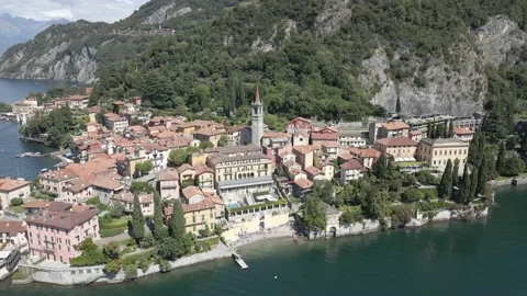 Top view of town by Lake Como in Italy, church in the central square Stock Footage 161073898