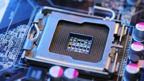 Top View Tracking Macro Shot with Rotation Movement. Computer Motherboard, Focus Stock Footage 194645422