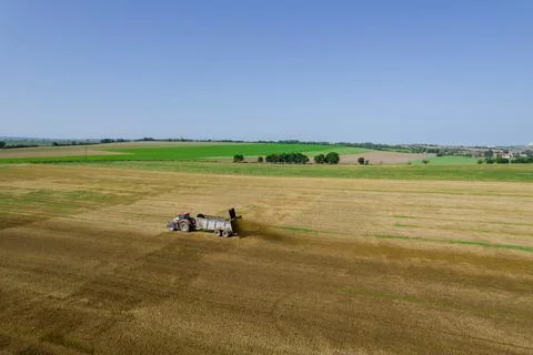Top view of a tractor spreading manure on a field from a trailer. Feeding the Foto stock