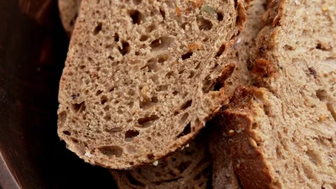 Top view of traditional German multigrain bread slices Stockbeeldmateriaal 334055577