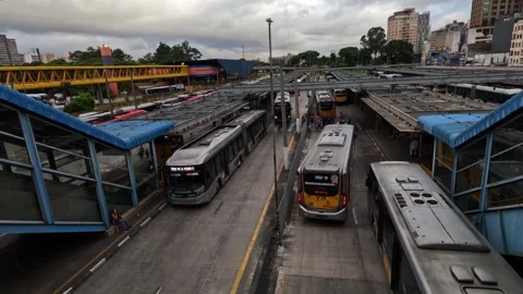 Top view of traffic on the Dom Pedro II Bus Terminal Stock Footage 331046854