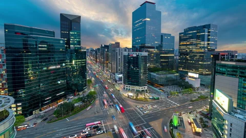 Top View traffic of downtown during sunset  at gangnam sqare Stock Footage 152940729
