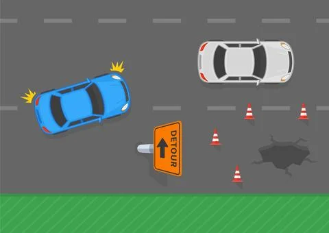 Top view of a traffic flow and detour sign on the roadway. Stock Illustration