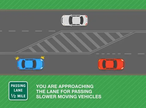 Top view of traffic flow approaching the extra lane for an overtake on highway. Stock Illustration