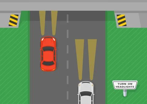 Top view of a traffic flow entering the tunnel. Turn on headlights sign. Stock Illustration