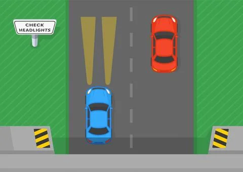 Top view of a traffic flow exiting the tunnel. Check headlights sign. Stock Illustration