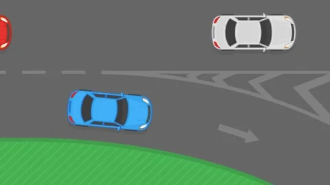 Top view of a traffic flow on highway. Diverging chevron marking. Main road exit Stock Footage 331554049