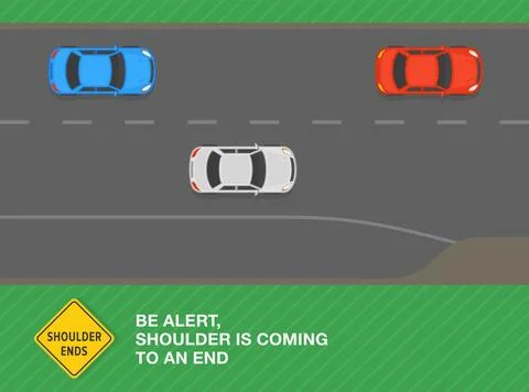 Top view of a traffic flow on highway. Shoulder ends sign area. Stock Illustration