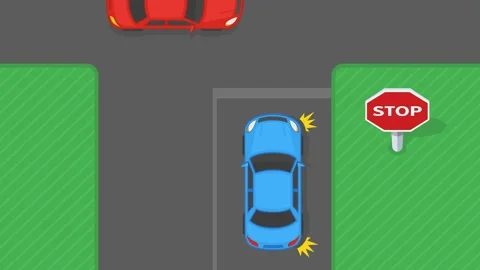Top view of a traffic flow at intersection. Make a full stop at "Stop" sign. Stock Footage 331554052