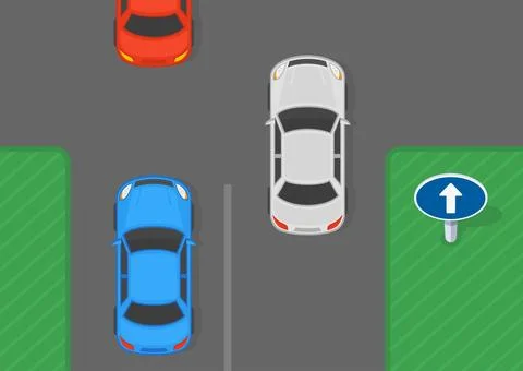 Top view of a traffic flow in intersection. "Go straight" road sign area. Stock Illustration