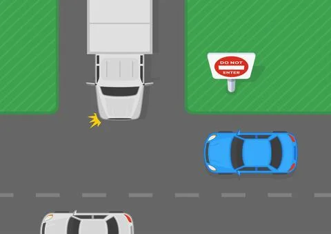 Top view of a traffic flow in intersection. "No entry" road sign area. Stock Illustration