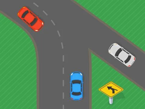 Top view of a traffic flow. "Intersection in a left direction curve" road sign. Stock Illustration