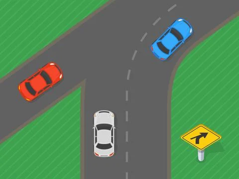 Top view of a traffic flow. "Intersection in a right direction curve" road sign. Stock Illustration