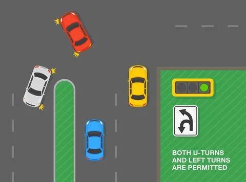 Top view of a traffic flow at intersection. U or left turn allowed sign meaning. Stock Illustration