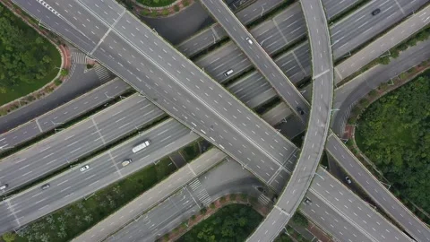 Top view of traffic flow on a large multi-level curved viaduct Stock Footage 234182245