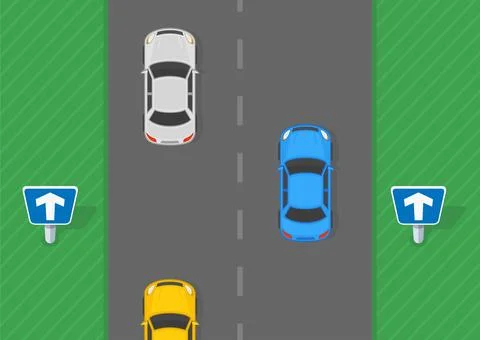 Top view of a traffic flow on one-way road. One way road sign. Stock Illustration