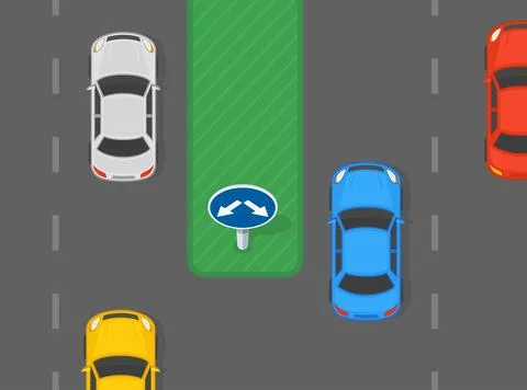Top view of a traffic flow at "Pass on either side" sign area. Stock Illustration