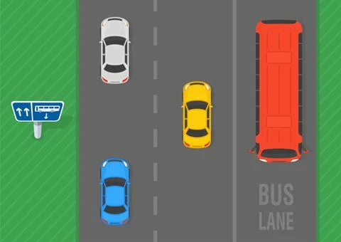 Top view of a traffic flow on road and contraflow bus lane. Stock Illustration