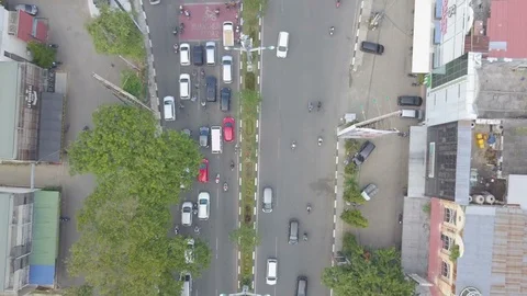 Top view traffic in main road of small city Stock Footage 113857799