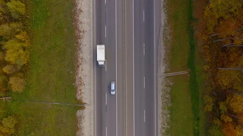 Top view on the traffic on the road surrounded by autumn forest Stock Footage 119471447
