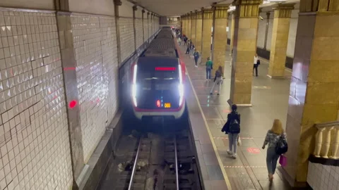 Top view of train arrival in subway. Moscow metro train, Park Kultury station Stock Footage 162169476