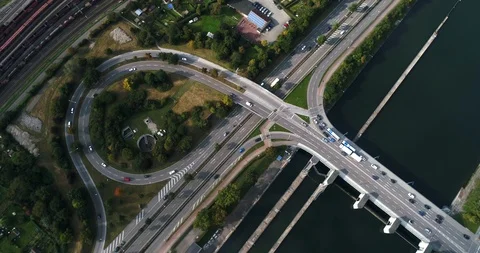 Top view at the transport interchange over Neckar River in Heilbronn, Germany Stock Footage 87553171