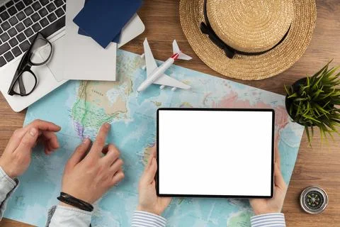 Top view travel elements collection. High quality and resolution beautiful .. Stock Photos