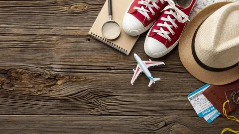 Top view travel kit elements table. High quality and resolution beautiful p.. Stock Photos