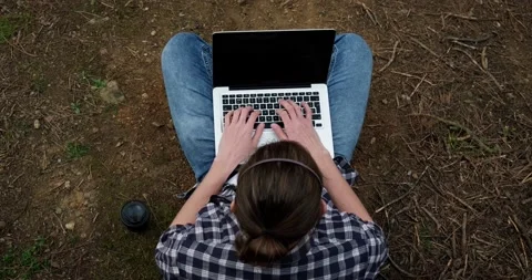 Top view of traveling man using laptop to work remotely in forest. Stock Footage 151860705