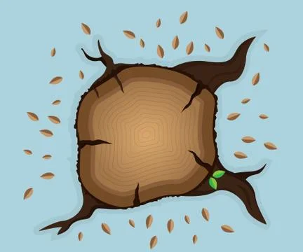 Top view of tree stump with dry leaves and two new leaf vector illustration Stock Illustration