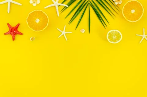 Top view trip flat lay corner frame with copy space for text on yellow Stock Photos