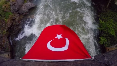 Top View of Turkey Flag waving over river at Turkey, Rize Stock Footage 169488319