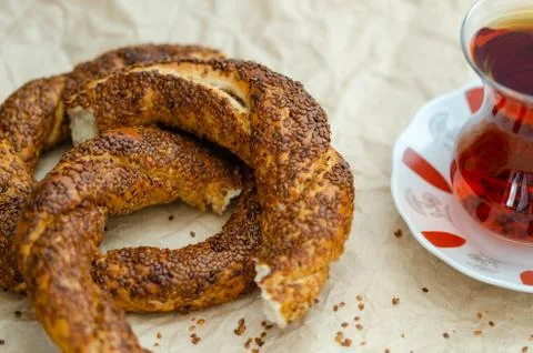 Top View Turkish Simit and Turkish Tea On The Table Stock Photos
