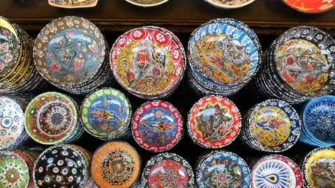 Top view of Turkish traditional design ceramic plates in Old Bazaar in Istanbul Stock Footage 246390874