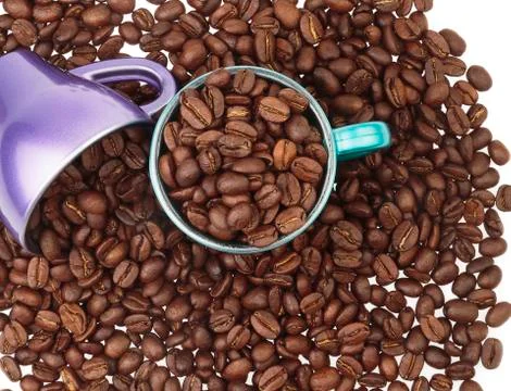 Top view of two cups of coffe with coffee beans Stock Photos