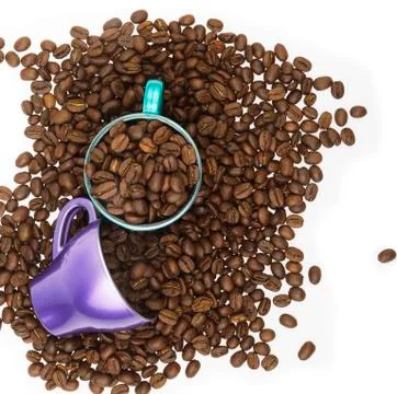 Top view of two cups of coffe with coffee beans isolated on white Stock Photos