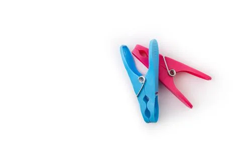 Top view of two different color clothespins isolated on white background Stock Photos