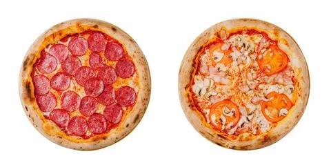 Top view of two diverse pizzas isolated Stock Photos