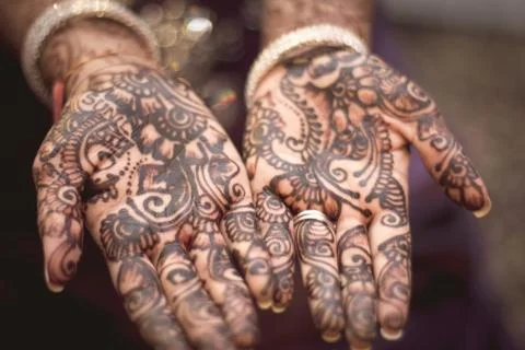 Top view of two hands designed by mehendi Stock Photos