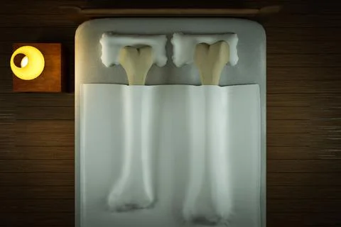 Top view of two human thigh bones in bed before sleep with a yellow bedroom Stock Illustration