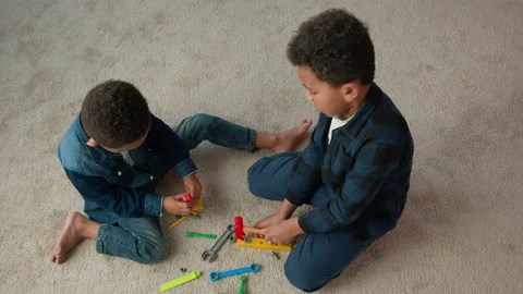 Top view two little siblings boys African American friends kids schoolboys Stock Footage 233080235